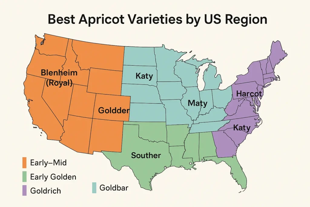 map showing the best apricot tree care and varieties across the United States